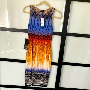 bebe petite printed braid back jersey animal print midi dress